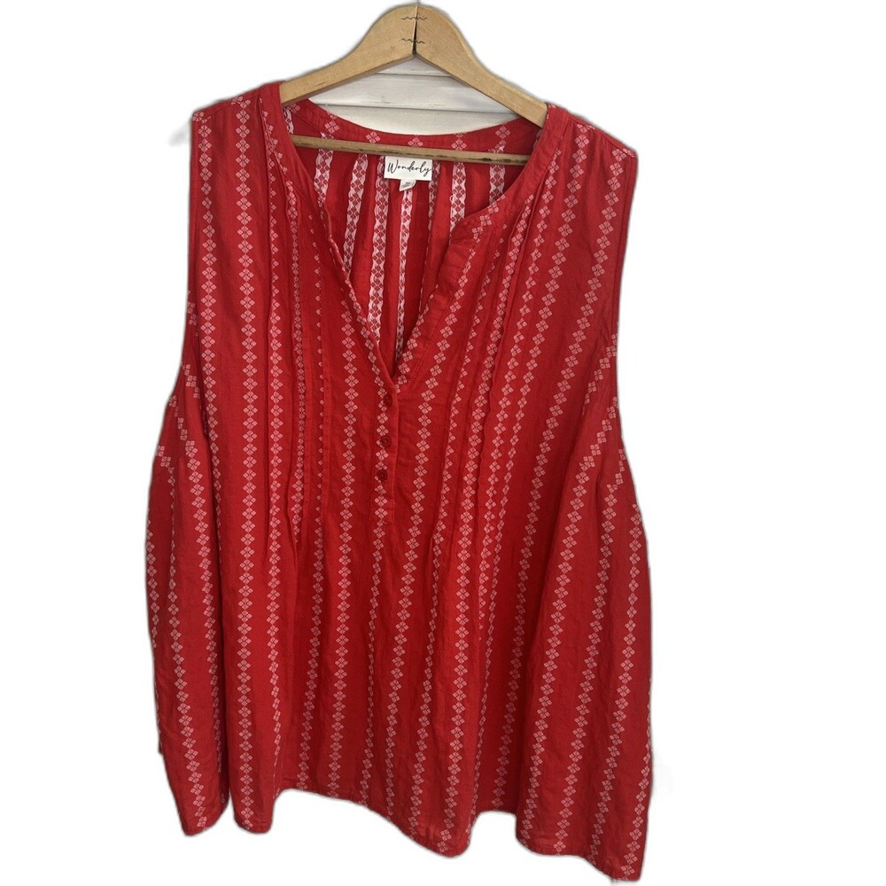 Wonderly Tank Top Womens 3X Sleeveless Red White 100% Cotton Pullover Flowy
